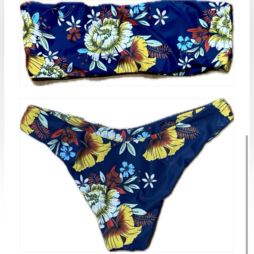 Bandeau Tropical Bikini. Navy base with tropical flowers. Size Large.
